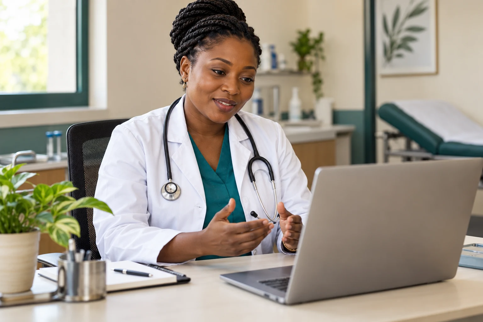 Illustration réaliste d’une médecin devant un ordinateur dans un cabinet lumineux